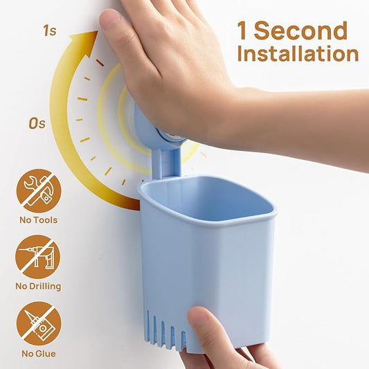 LEVERLOC Powerful Suction Cup Toothbrush Holder, Drill-Free Wall Shower Holder for Toothbrush, Toothpaste, Razor, Self-draining Kitchen Tableware Organizer, Removable Suction Cup in Shower, Blue
