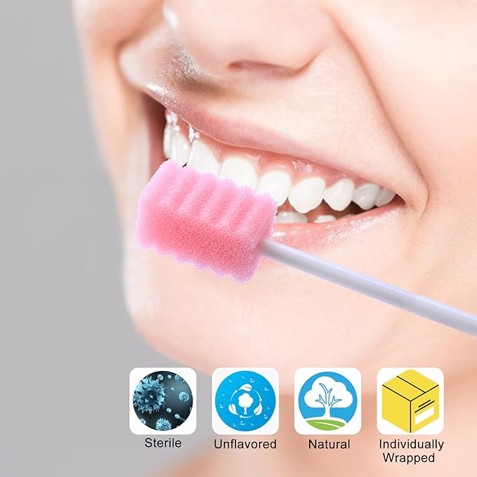 100 Pcs Disposable Mouth Swabs Sponge, BVN Oral Swabs, Oral Care Swabs Disposable, Mouth Swabs, Unflavored and Sterile Disposable Dental Swabsticks for Mouth Cleaning, Sawtooth-Shaped Pink.