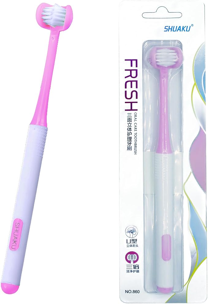 3 Sided Autism Toothbrush Three Bristles for Special Needs Adult Soft Bristles Soft and Gentle for Complete Tooth and Gum Care (Pink 1PCS)