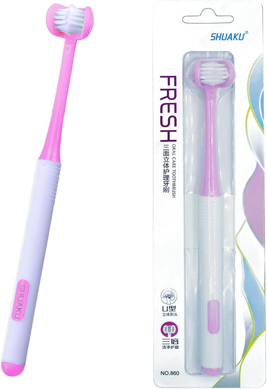 3 Sided Autism Toothbrush Three Bristles for Special Needs Adult Soft Bristles Soft and Gentle for Complete Tooth and Gum Care (Pink 1PCS)