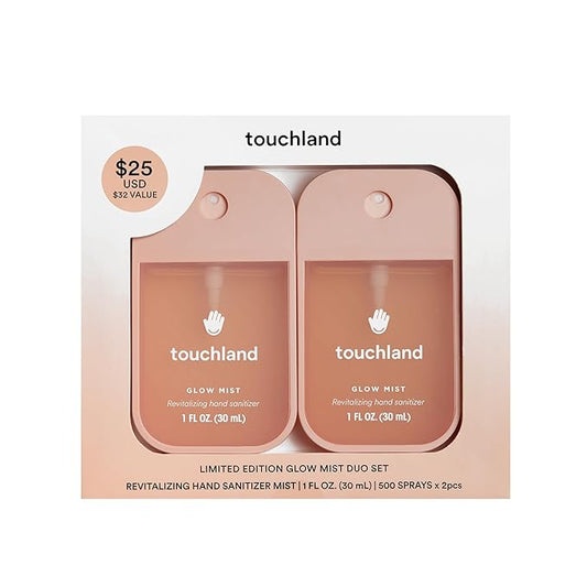 Touchland Limited Edition Glow Mist Duo Set, Revitalizing Hand Sanitizer Spray, Rosewater scented, 1FL. OZ. Travel Size (Set of 2)