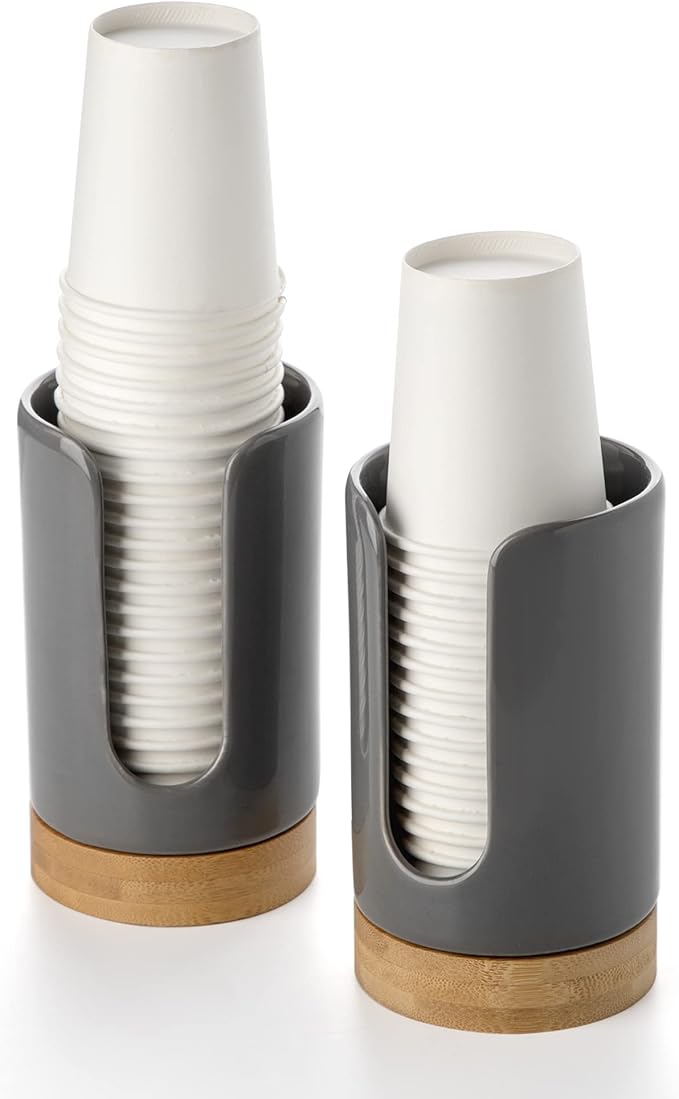 Ceramic Bathroom Cups Dispenser - 3-5 oz Disposable Paper & Plastic Cups Holder - Mouthwash Cups Dispenser for Countertop, Guest Toiletries - BPA Free (Grey, 2 Pack)