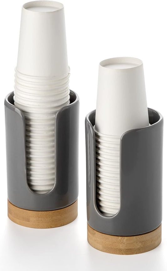 Ceramic Bathroom Cups Dispenser - 3-5 oz Disposable Paper & Plastic Cups Holder - Mouthwash Cups Dispenser for Countertop, Guest Toiletries - BPA Free (Grey, 2 Pack)