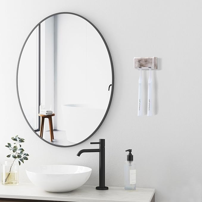 Toothbrush Holders Wall Mounted with Cover, Electric Tooth Brushing Holder for Bathroom, 2 Slots Self Adhesive Toothbrush Organizer, Toothbrush Stand for Family, Kids (1, White Marble)