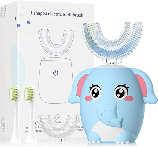 Kids Electric U Shaped Toothbrush Children Rechargeable Sonic Toothbrush with 4 Brush Heads Full Mouth 6 Cleaning Modes - (Age 8-15 Blue)
