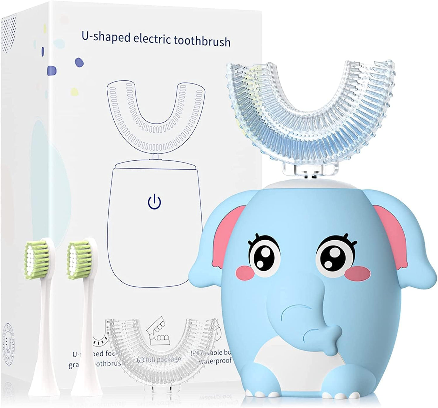 Kids Electric U Shaped Toothbrush Children Rechargeable Sonic Toothbrush with 4 Brush Heads Full Mouth 6 Cleaning Modes - (Age 2-7 Blue)