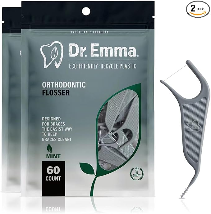 Dr. Emma Orthodontic Flossers for Braces, Ortho Dental Floss Picks, Mint Flavor 60 Count/Bag (Gray, 2pack)