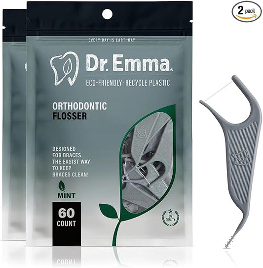 Dr. Emma Orthodontic Flossers for Braces, Ortho Dental Floss Picks, Mint Flavor 60 Count/Bag (Gray, 2pack)