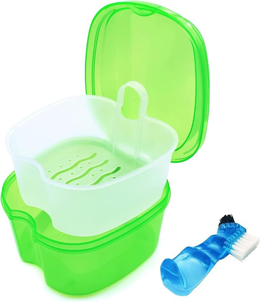 Keedolla Denture Cups for Soaking Dentures, Denture Cleaning Case Retainer Container Mouth Guard Bath Box Holder Case with Brush for Night Guard, Gum Shields and Dental Appliances