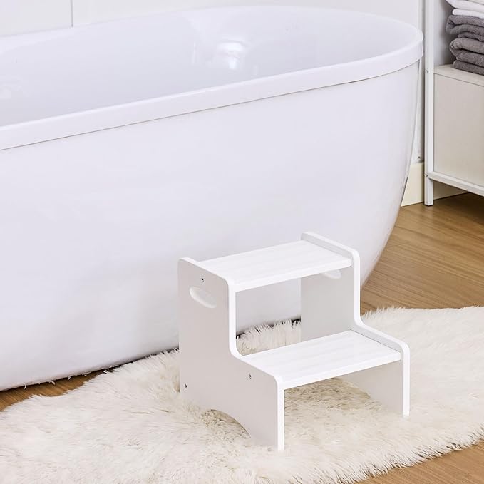 Wooden Toddler Step Stool for Kids, Two Step Stool with Non-Slip Pads & Handles, Potty Training Stool for Bathroom Sink, Toilet, Kitchen, Bedroom (White)