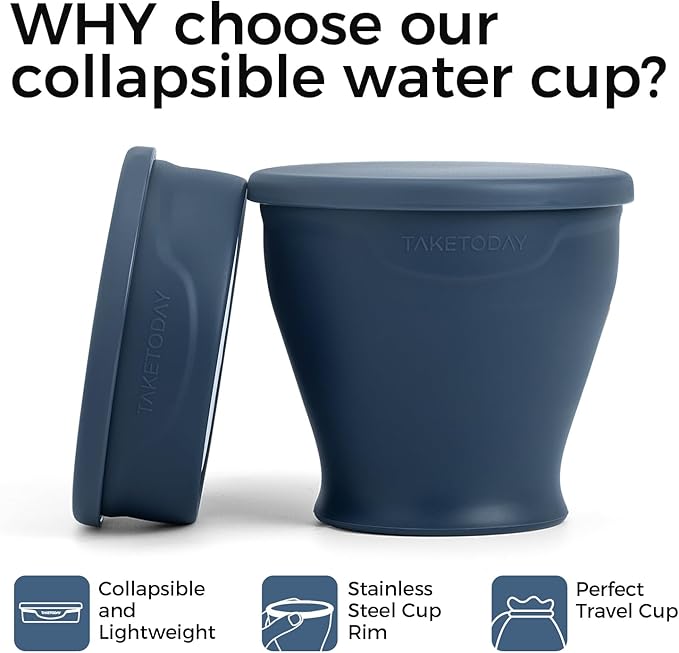 TakeToday 2PCS Collapsible Travel Cup - Silicone Foldable Water Cup, BPA-Free with Lid & Waterproof Bag - Drinking Cup Set for Camping, Outdoors & International Travel（8 Oz, Navy & Lowcountry Peach）