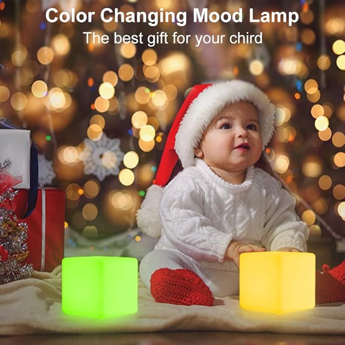 4-In LED Cube Night Light, Cordless LED Light Cubes for Kids, RGB Color Changing Tesseract Cosmic Cube Mood Lamp w/Remote, Rechargeable Square Bedside Lamp Nursery Light for Bedroom Garden Party Decor