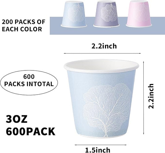 Tamone 600 Pack 3 oz Bathroom Cups, Small Paper Cups with Tree, Mouthwash Cups, Disposable Paper Cups,pink, green, gray, 3oz Paper Cups for Party, Picnic, BBQ, Travel, Home and Event