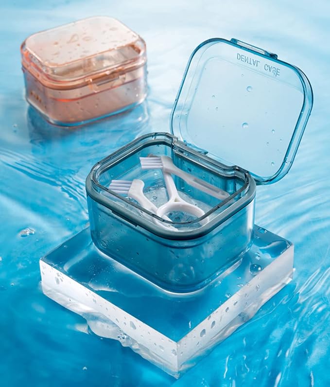 MURRI&MURRDI Retainer Case, Denture Bath Box with Strainer Basket, Mouth Guard Case, Braces Cleaner Cup, Cute Denture Cleaning Holder for Travel Retainer Storage Soak Container (B Blue)