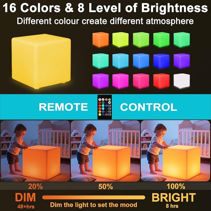 LED Cube Chair for Kids, 14-Inch RGB Color Changing LED Cube Seat w/Remote, Versatile Lighted Up Modern Side Table Glowing Nightstand Soothing Mood Light for Bedroom Living Room Patio, Fun & Practica