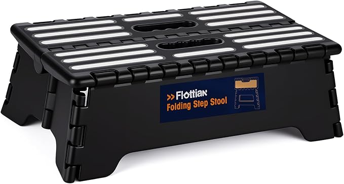 Flottian 5" Folding Step Stool for Adults and Kids 15-Inch Extra Wide Stool Holds Up to 300 lbs,Non-Slip Folding Stools with Handle,Compact Plastic Foldable Step Stool for Bathroom,Kitchen,ect Black