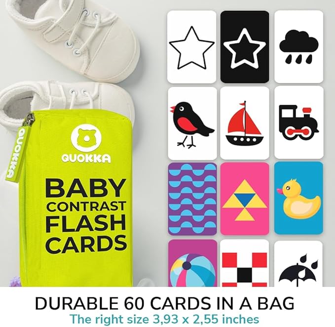 QUOKKA 60 High Contrast Baby Flash Cards 36 Months - Black & White Toddler Flashcards 36 Months in a Bag - Learning Visual Stimulation Pictures for Infants - Gift Sensory Development Toys for Newborn
