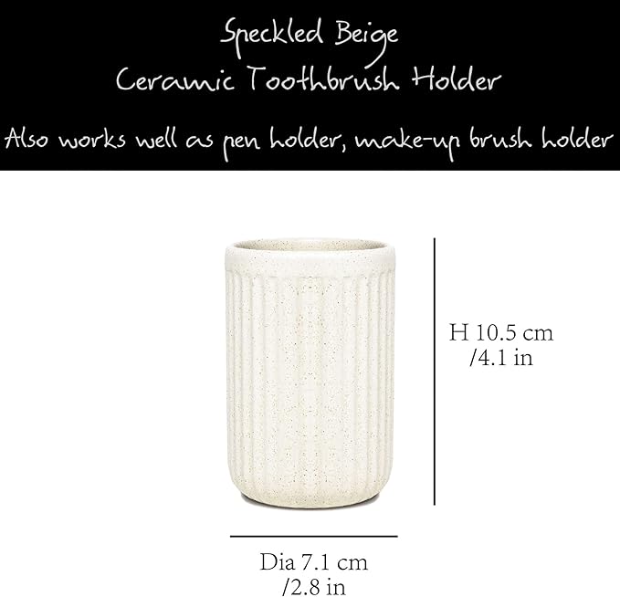 2 Pack Beige Speckled Ceramic Toothbrush Holder, Rippled Cylinder Tumbler for Bathroom Countertop, Makeup Brush Holder, Pen Organizer, Multipurpose Bathroom Accessory