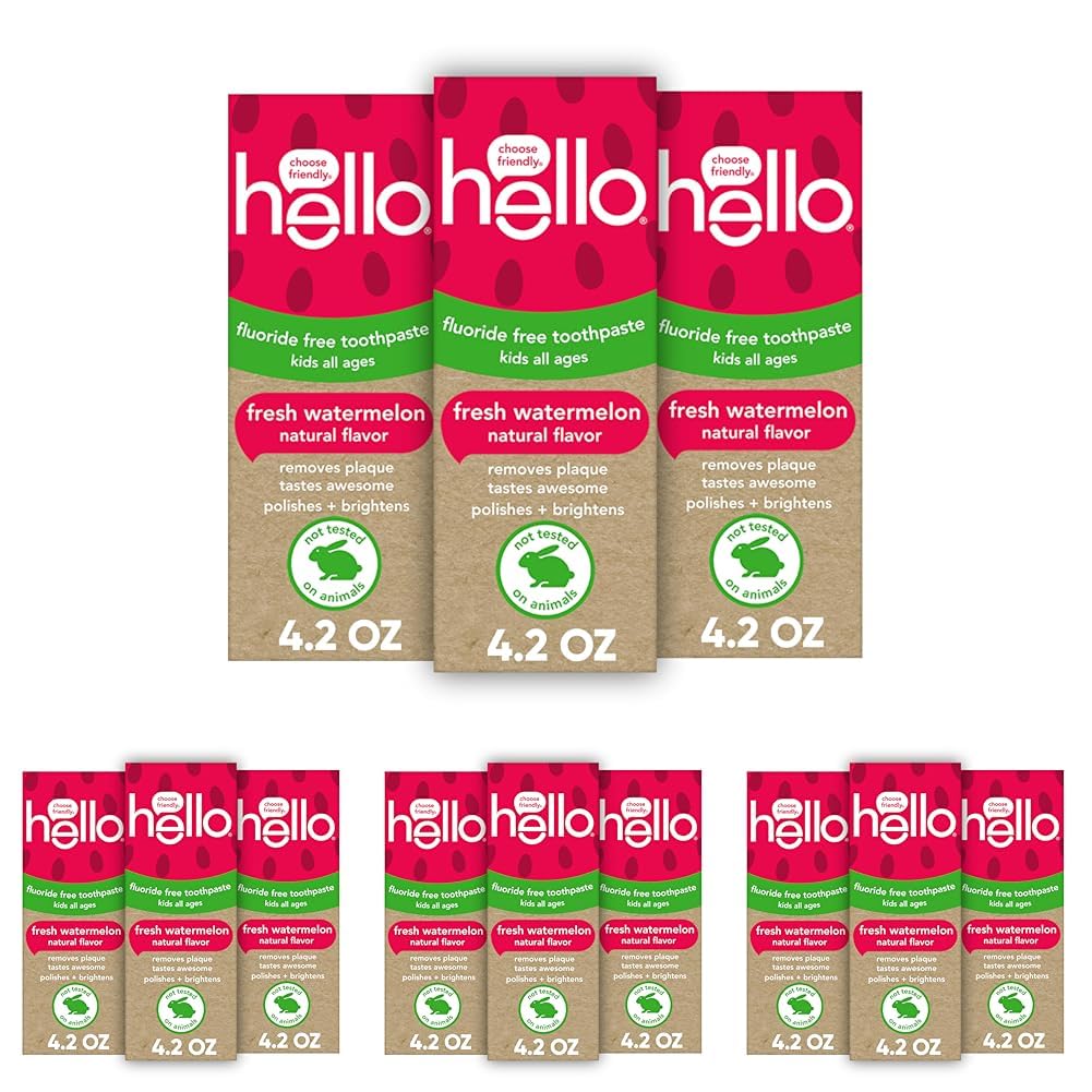 Hello Natural Watermelon Flavor Baby & Kids Fluoride Free Toothpaste, Vegan, SLS Free, Gluten Free, Safe to Swallow for Baby and Toddlers, 4.2 Ounce (Pack of 12)