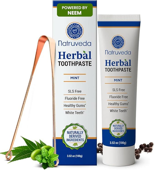 Neem Herbal Toothpaste with Complimentary Copper Tongue Scraper | Fluoride Free, SLS Free, Natural Toothpaste for Adults | Ayurvedic Oral Care with Mint & 8 Herbal Ingredients | 3.52 oz