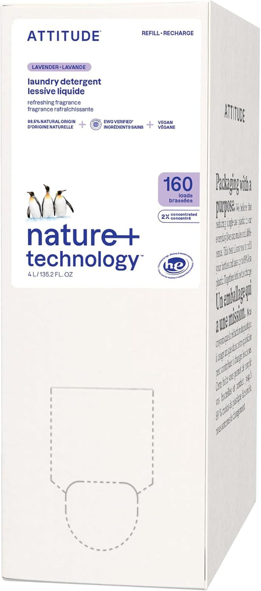 ATTITUDE Liquid Laundry Detergent Refill, EWG Verified, HE Compatible, Plant-Based & Vegan, Natural Laundry Soap, Lavender Scent, 160 Loads, 135.26 Fl Oz
