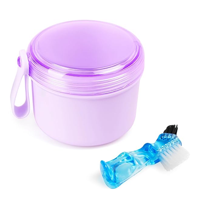 Leak Proof Travel Denture Bath Case for Full Dentures, Denture Cups for Soaking Dentures, Denture Container Cups with Brush for Dentures, Aligner, Retainers, Mouth Guard (Purple)