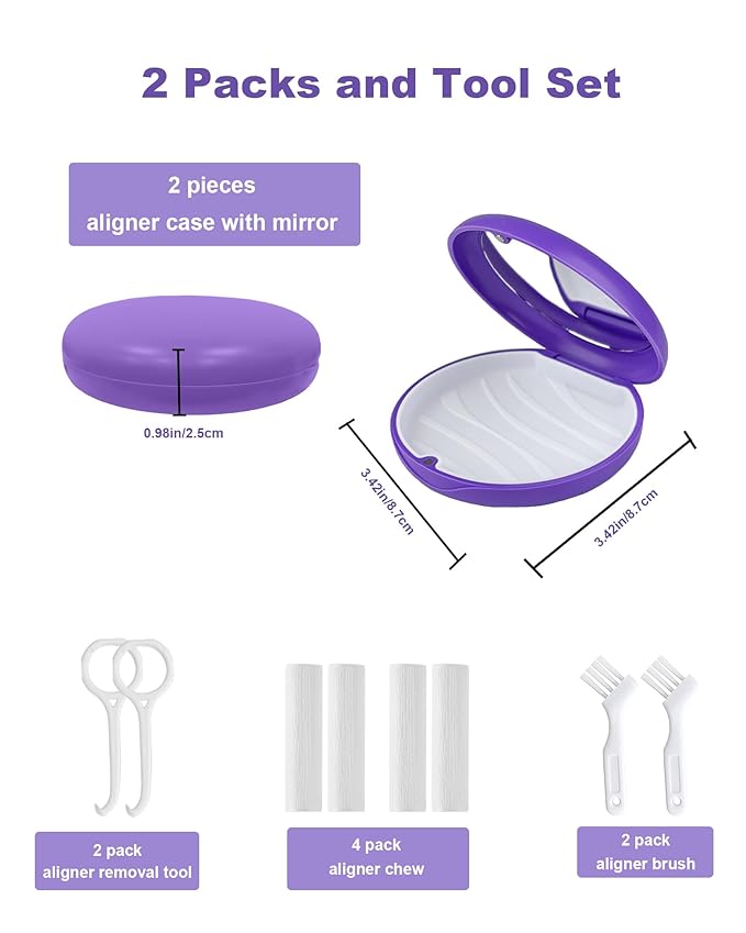 2 Pack Retainer Case with Mirror Kits, Aligner Case Compatible with Invisalign, Slim Night Guard Cases with Aligner Removal Tool, Brush and Chew, Purple