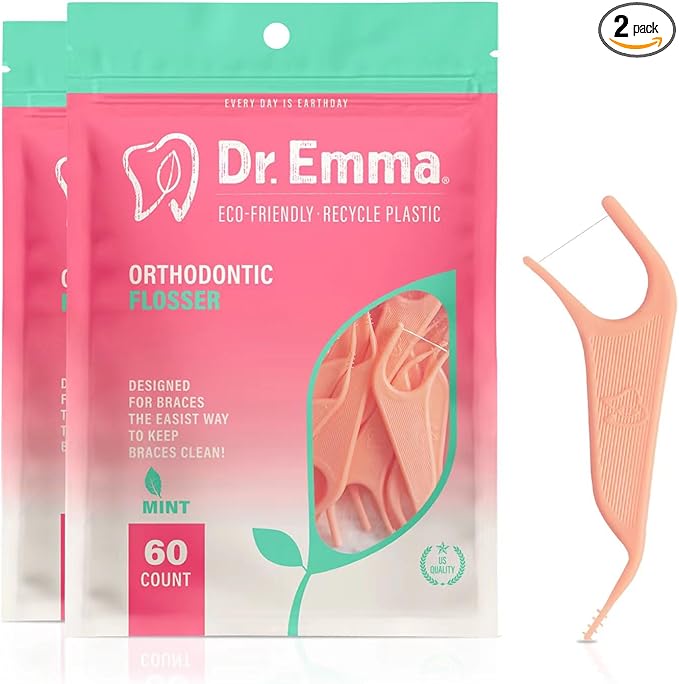 Dr. Emma Orthodontic Flossers for Braces, Ortho Dental Floss Picks, Mint Flavor 60 Count/Bag (Pink, 2pack)