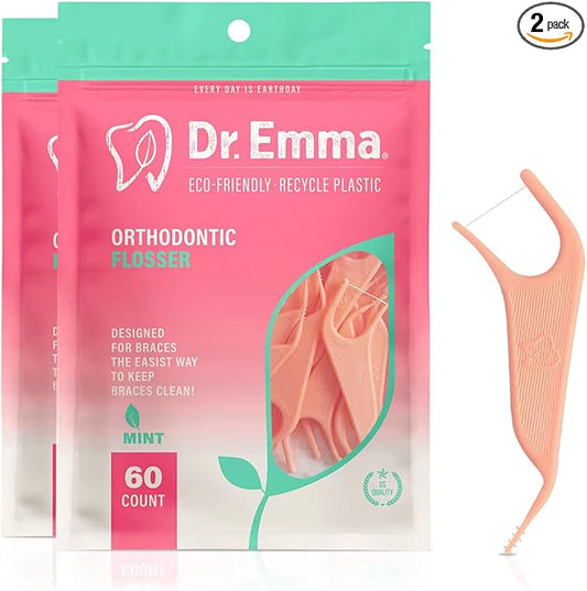 Dr. Emma Orthodontic Flossers for Braces, Ortho Dental Floss Picks, Mint Flavor 60 Count/Bag (Pink, 2pack)