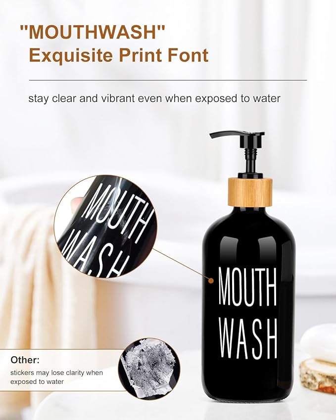 Pump Mouthwash Dispenser with Bathroom Cup Holder, Glass Mouthwash Container, Mouth Wash Bottle Decanter, Small PC 3 oz Cup Dipsenser, Black, Printed Font