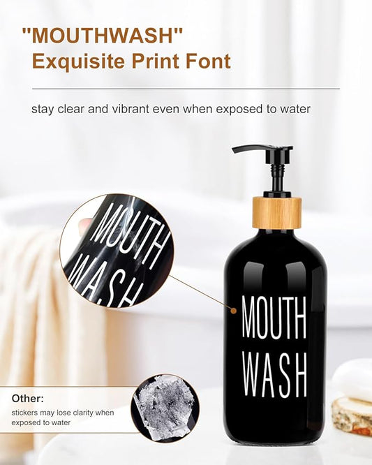 Pump Mouthwash Dispenser with Bathroom Cup Holder, Glass Mouthwash Container, Mouth Wash Bottle Decanter, Small PC 3 oz Cup Dipsenser, Black, Printed Font