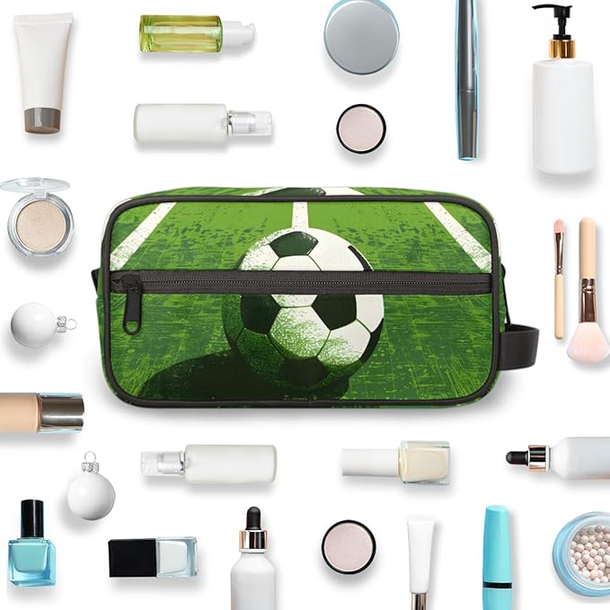 Green Grass Field Soccer Boys Travel Toiletry Bag Waterproof Wash Bag Shower Shaving Bag Cosmetic Organizer Makeup Bag Portable Toiletries Accessories for Women Men Sport Ball