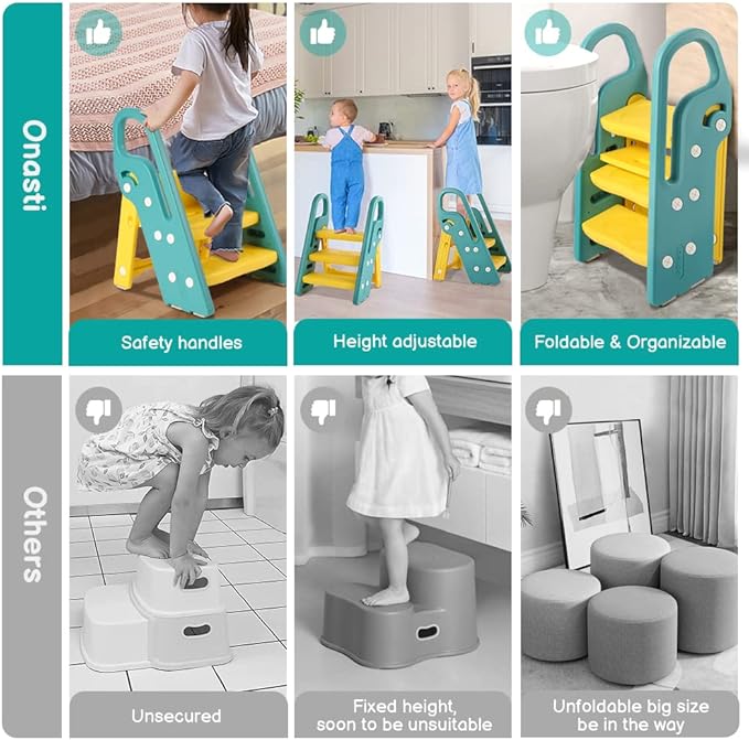 Onasti Foldable Toddler Step Stool for Bathroom Sink, Adjustable 3 Step Stool for Kids Toilet Potty Training Stool with Handles, Child Kitchen Counter Stool Helper, Plastic Ladder for Toddlers Green