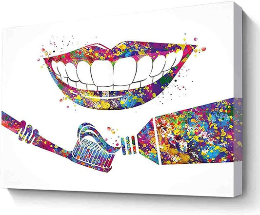 MBARE Art Watercolor Set,Dental Care Watercolor Print Tooth Medical Art Toothbrush Dental Clinic Decor Gift Toothpaste Dentist Dentistry Office Dental Hygienist~-8"X12" Canvas Print With Frame