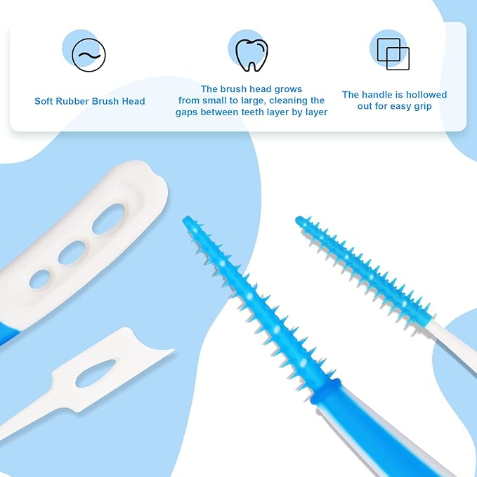Dental Picks for Teeth Cleaning Health,300 Count Dual-Use Toothpicks,144 Count Angled Disposable Interdental Brushes,Blue