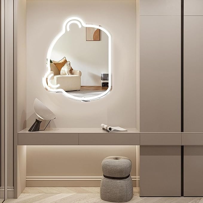 LED Mirror Neon Lights Light Up Dressing Mirror Cat/Shine Heart/Bat/Butterfly Shape Neon Mirror Sign for Modern Home Girl Room Bathroom Salon Wall Art Decor Gift For Girlfriend USB Powered