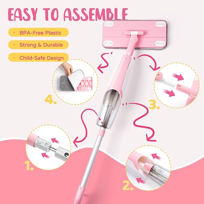 Kids Cleaning Toy Set,Pink Mini Spray Mop Montessori Toys Pretend Play Cleaning Tool for Toddlers with Spray Mop & Kids Broom Dustpan Set Cleaning Toys Gift for Toddlers Girls Boys Age 3+