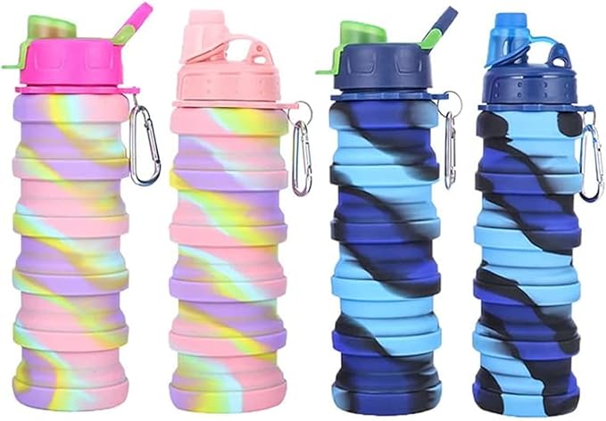 Silicone Collapsible Water Bottles, 16oz 500ml Portable Foldable Expandable Water Bottle Sports Cups, Leak Proof Reusable BPA Free, for Outdoor Activities Travel (2# Blue)