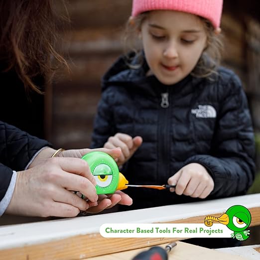 Handy Famm 8ft Green Bird Tape Measure for Kids – STEM Educational Tool with Level, Protractor, Retractable Design - DIY Construction Toy, Child-Safe Measuring Tapes, Gift for Boys & Girls 3+