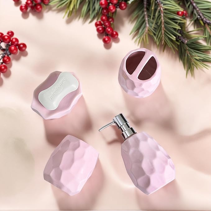 Ceramic Bathroom Accessories Set 4 PCS,Bathroom Toothbrush Holder Set,Soap and Toothbrush Holder Set,Include Toothbrush Holder,Soap Dispenser,Tumbler,Soap Dish,Bathroom Sets Decor Organizer (Pink)