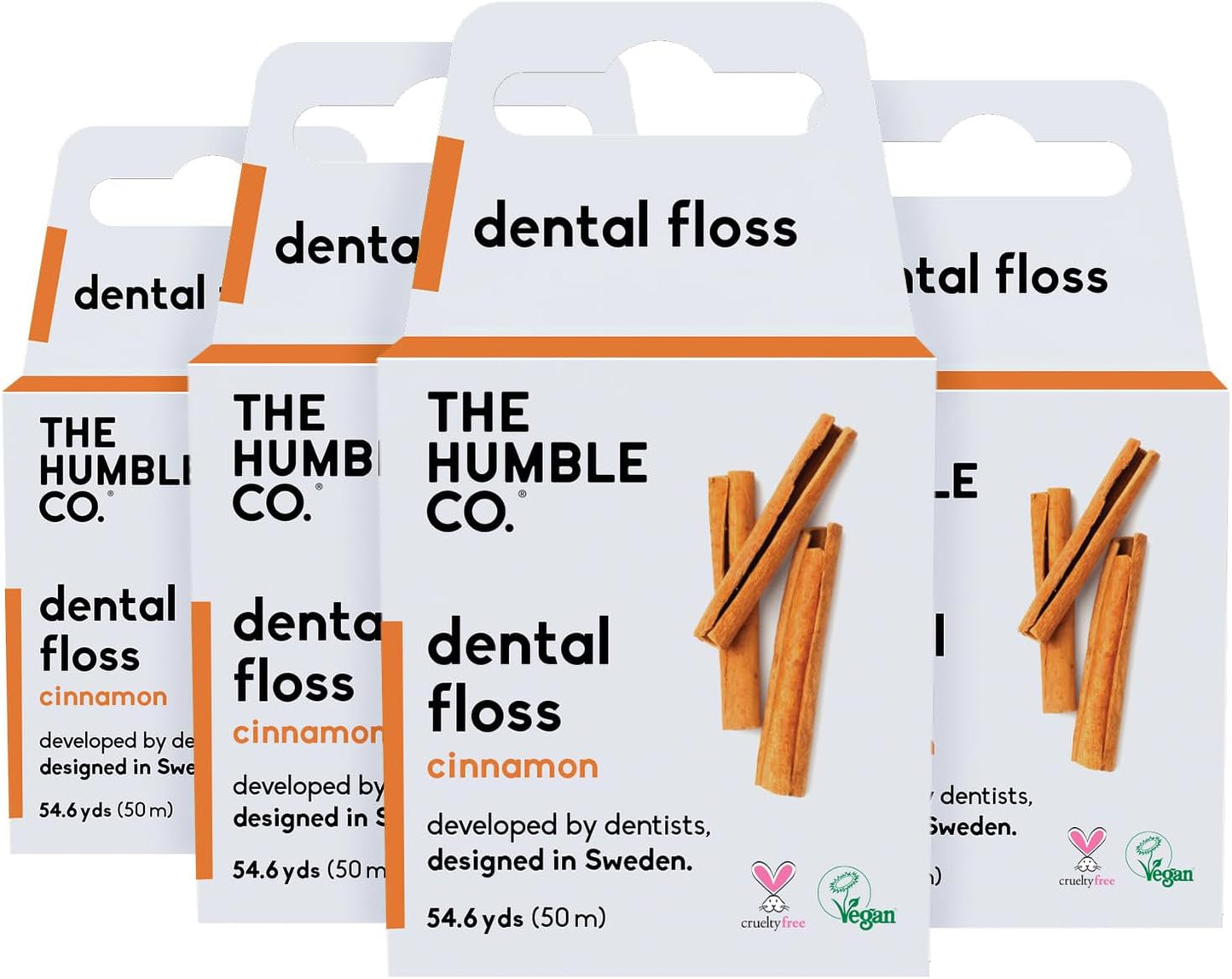 The Humble Co. Dental Floss (4pack) - Vegan, Waxed Dental Floss with Xylitol, 55 Yards of Adult and Kids Floss for Gum Care and Dental Care (Cinnamon)