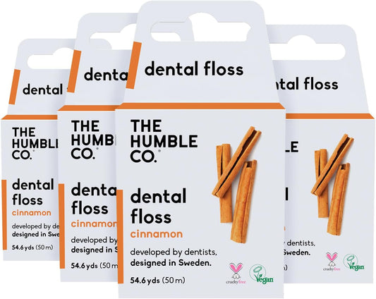 The Humble Co. Dental Floss (4pack) - Vegan, Waxed Dental Floss with Xylitol, 55 Yards of Adult and Kids Floss for Gum Care and Dental Care (Cinnamon)
