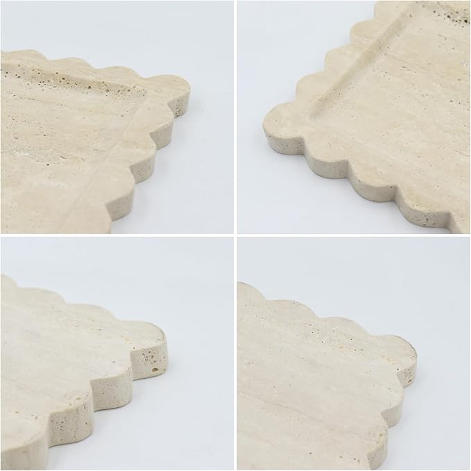Square Marble Decorative Tray with Scalloped Edge, Luxury Natural Stone Bathroom Vanity Tray, Dresser Top Perfume Coffee Home Kitchen Sink Tray, Key Trinket Ring