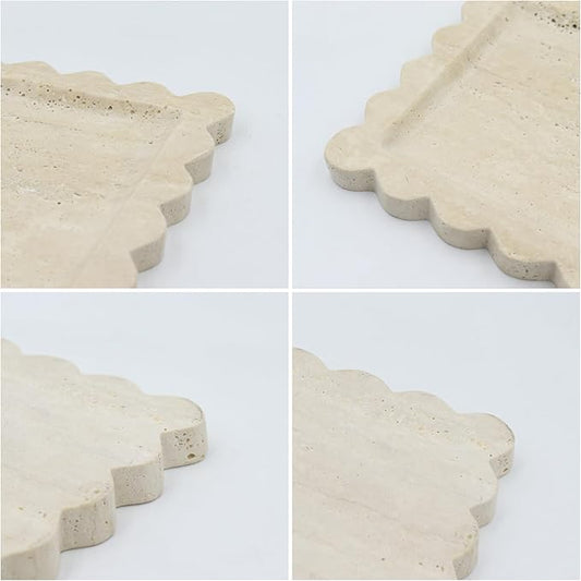 Square Marble Decorative Tray with Scalloped Edge, Luxury Natural Stone Bathroom Vanity Tray, Dresser Top Perfume Coffee Home Kitchen Sink Tray, Key Trinket Ring