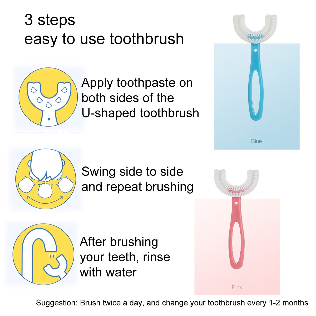2 PCS U-Shaped Kids Toothbrush, Soft Manual Training Toothbrush for Kids 6-12 Years (Pink +Blue)