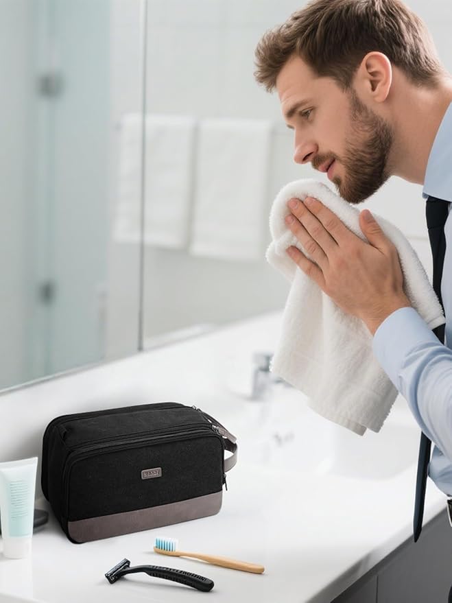 WANDF Toiletry Bag for Men Travel Toiletry Organizer Canvas and Leather Dopp Kit Water-Resistant Shaving Bag for Travel Accessories (Black, Medium)