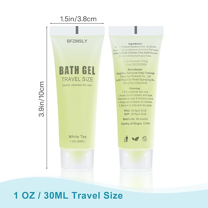30 Pack Bulk Travel Size Body Wash, 1oz Tubes, White Tea Scent, Mini Shower Gel for Hotel Guests, TSA Approved Toiletries, Individually Sealed for Airbnb, Vacation Rentals