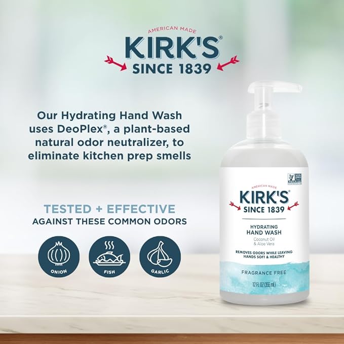 Kirk's Hydrating Hand Wash - Made with Coconut Oil and Aloe Vera, With Odor Neutralizing Technology To Help Eliminate Odors, Non-GMO, Vegan, Fragrance Free, 12 Fl Oz. 4 pack