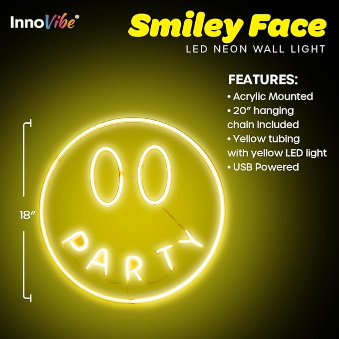 Party Smiley FACE NEON Wall Light, Smiley Face Shaped Yellow LED Light, Wall Decor, Perfect for Holiday & Birthday Gift, Party Decor, Yellow Party Smiley Face Sign for Kids Room
