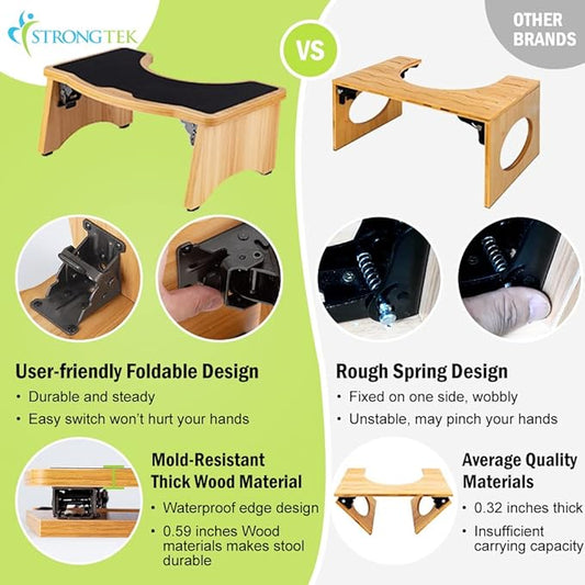 StrongTek Wooden Toilet Stool, Folding Potty Step Stool for Bathroom, 7 Inch, Non-Slip & Sturdy, Squatting Toilet Step, Easy to Store, Perfect for Small Spaces (Natural)